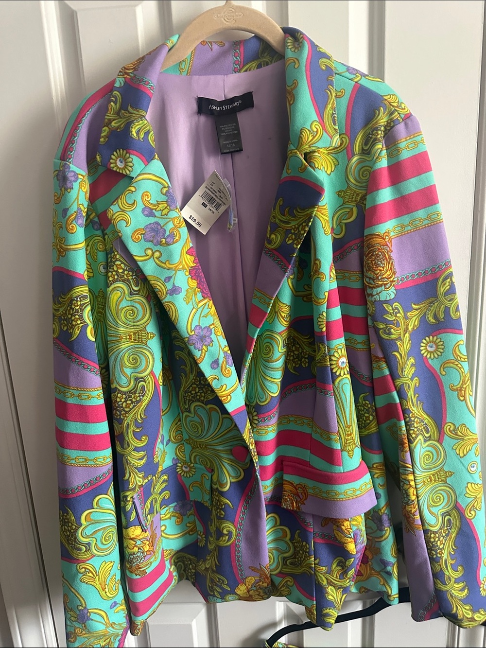 Ashley Stewart Lavender & Teal Baroque Print Blazer